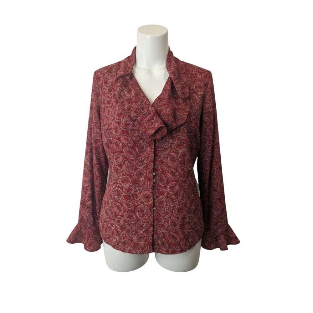Karen Scott Blouse PM Red Swirl Ruffle Bell Sleeve Button Front Office Top